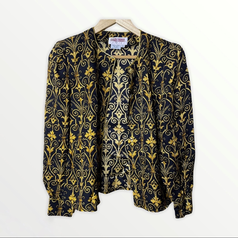 Maggy London Vintage Black Gold Silk Button Front Blazer Suit Top
